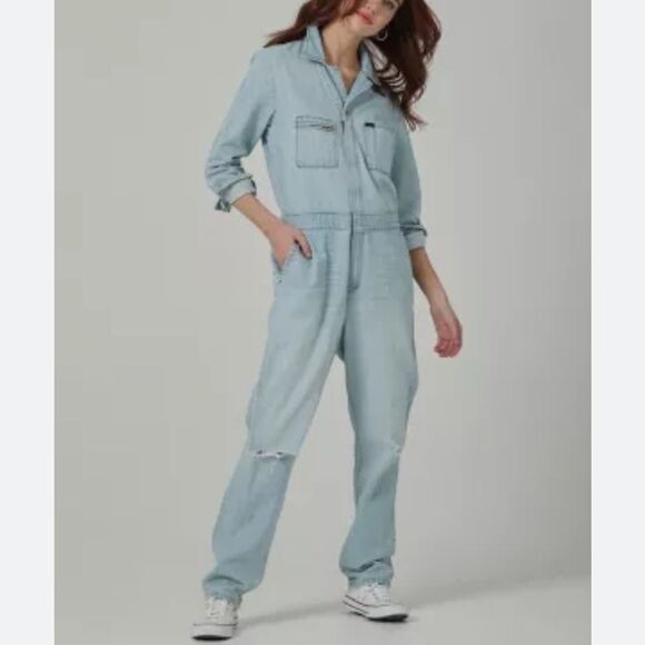 NWT Free People Lee Union-Alls Jean Jumpsuit Vibrant Blue Stripe - Picture 2 of 10